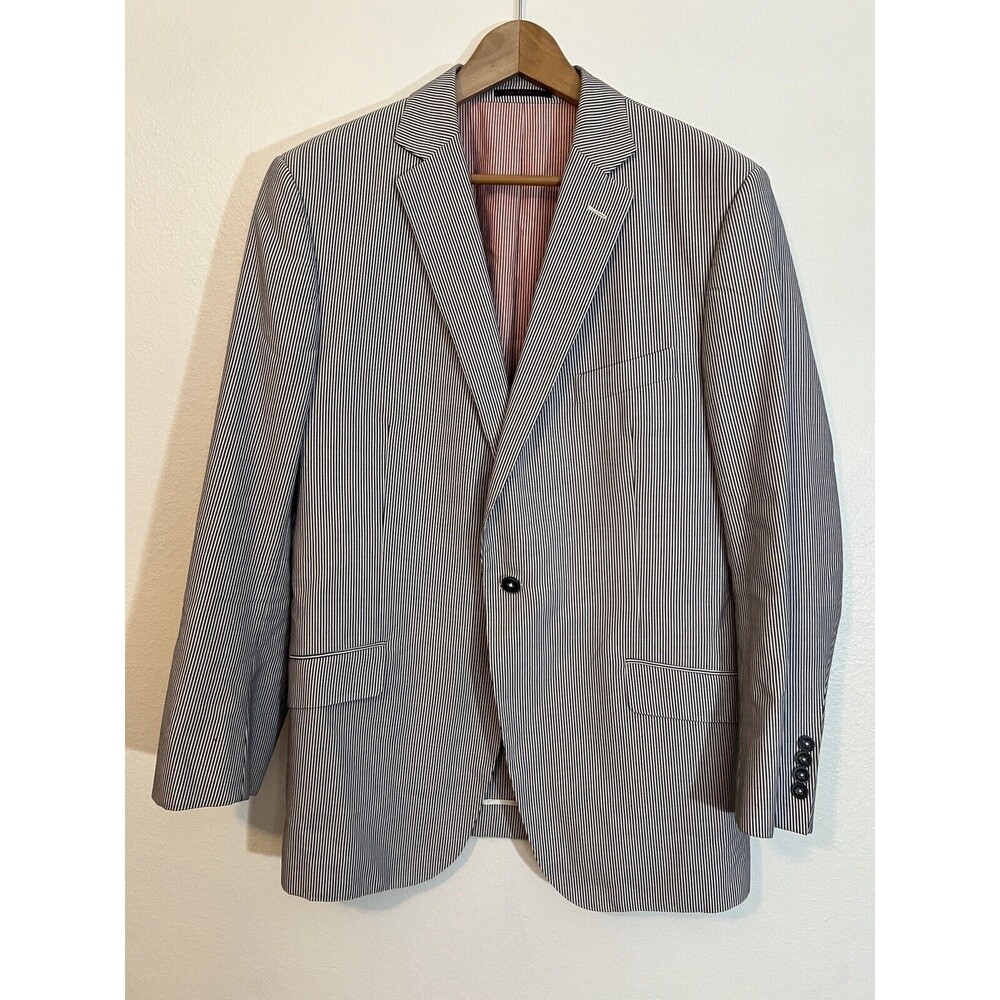 Blazer Blue Seer Sucker Print Men’s 40 Classic Vintage J Hilburn JSW Red Lining